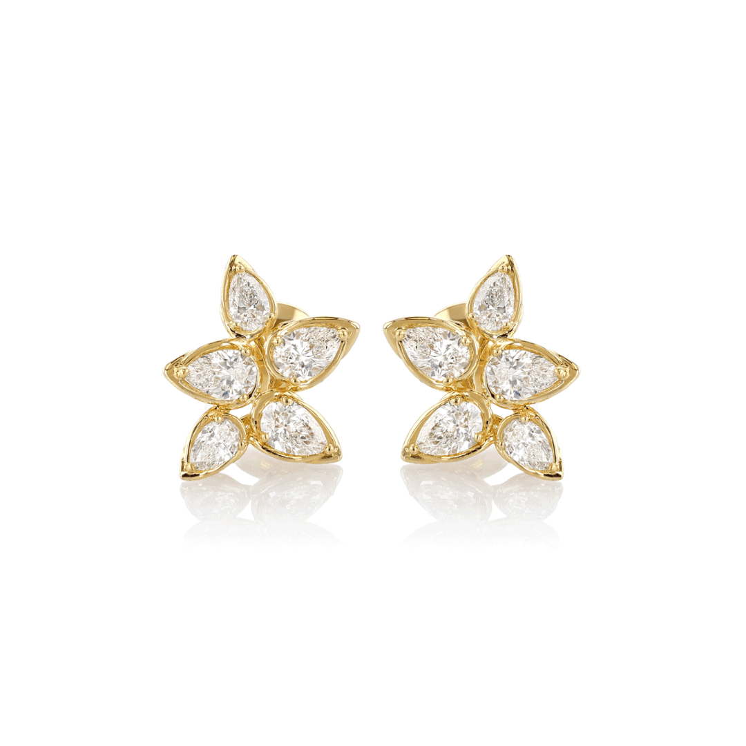 18kYellow Gold and 2.10 Total Weight Diamond Flower Stud Earrings
