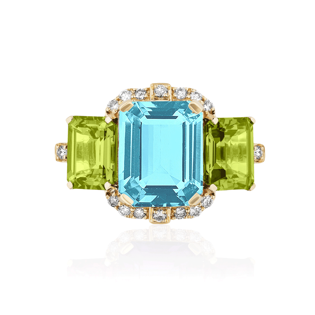Goshwara Gossip 18k Yellow Gold and Blue Topaz Peridot Three Stone Ring