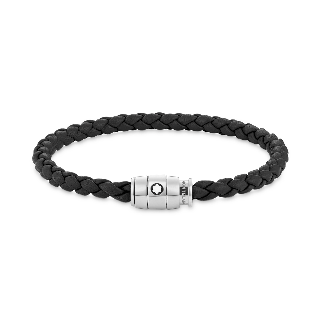 Montblanc Bracelet Steel 3 Rings Closing and Black Leather Bracelet