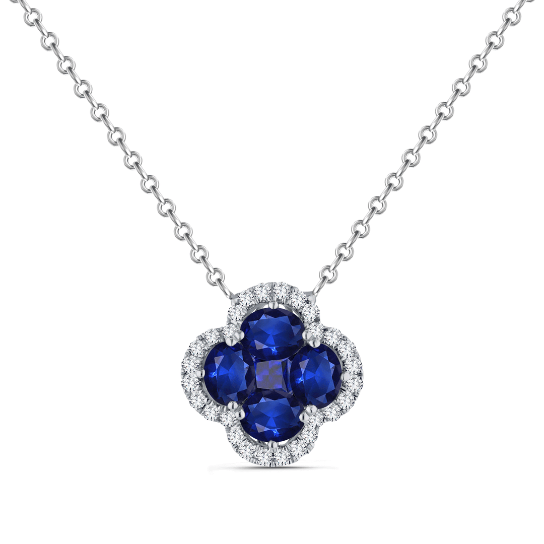 18k White Gold Clover Sapphire 1.35 Total Weight and Diamond Pendant