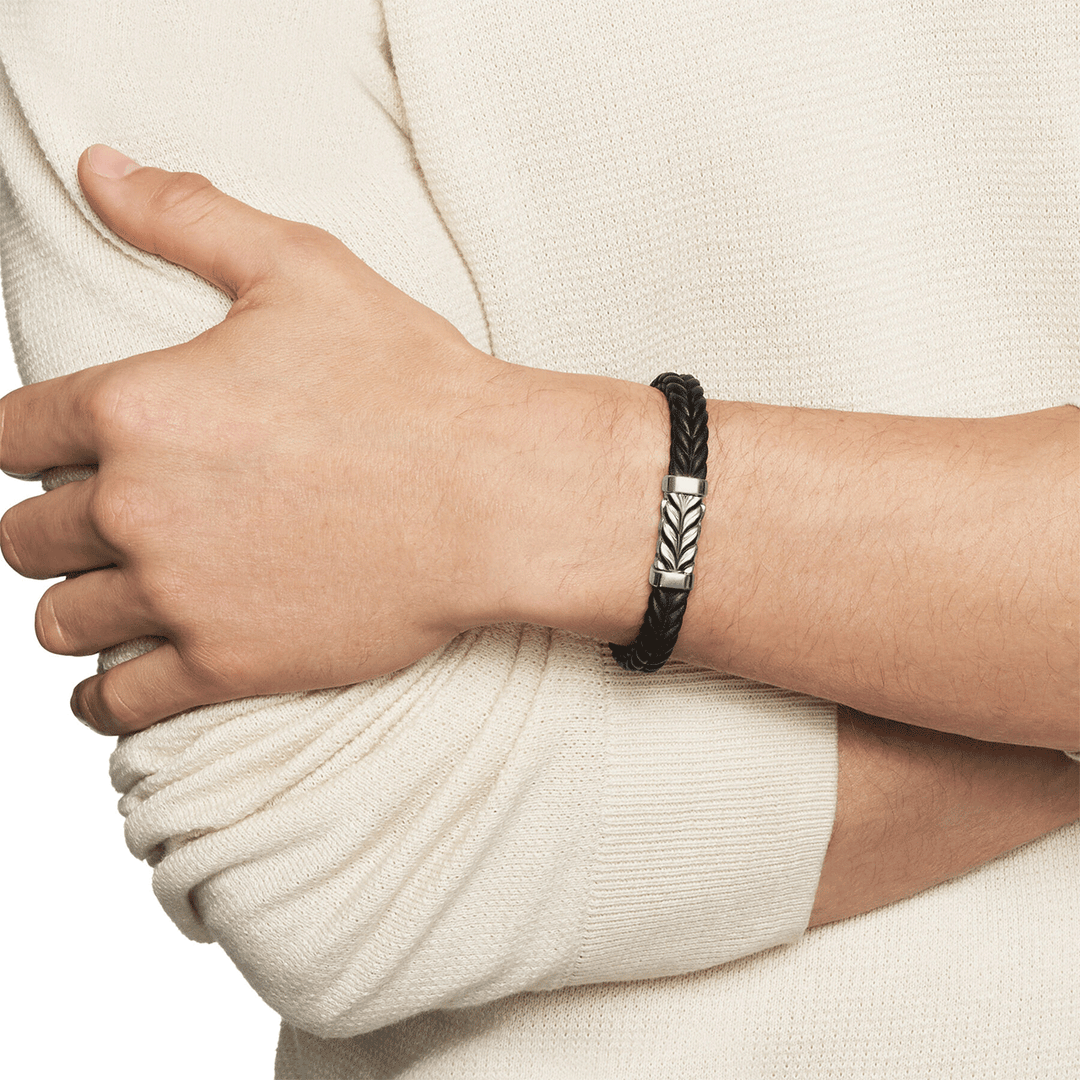 David Yurman Chevron Bracelet Black Rubber with Sterling Silver, 9mm