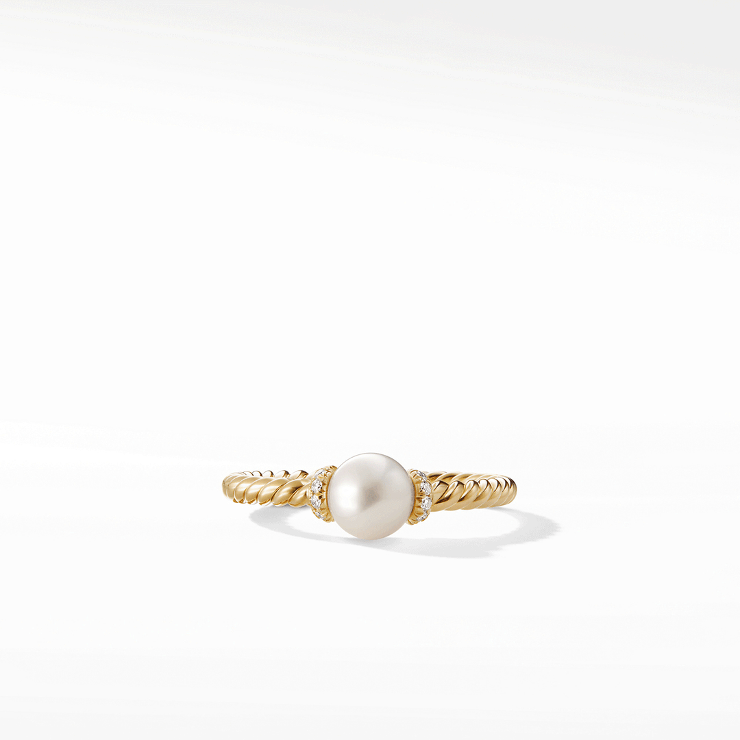 David Yurman Petite Solari Station Ring 18k Yellow Gold with Pearl and Diamonds, 2.3mm