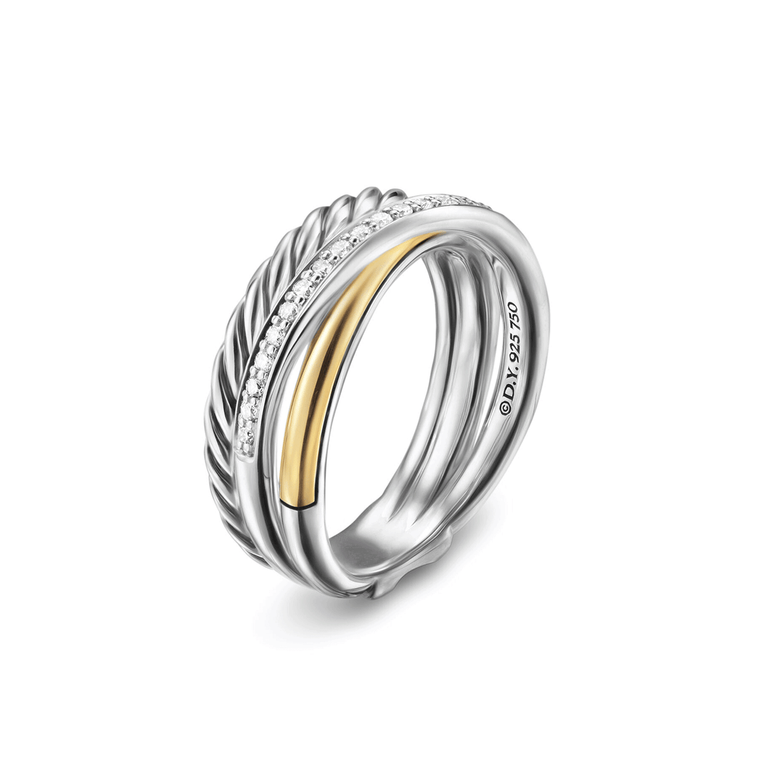 David Yurman Crossover Three Row Ring Sterling Silver with 18K Yellow Gold and Diamonds, 7mm