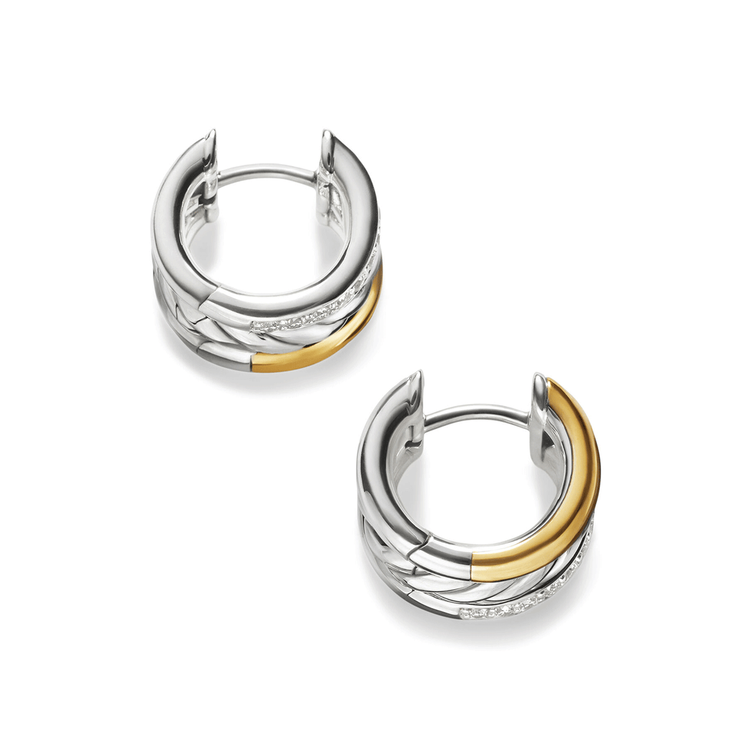 David Yurman DY Mercer® Huggie Hoop Earrings Sterling Silver with 18K Yellow Gold and Diamonds, 14mm