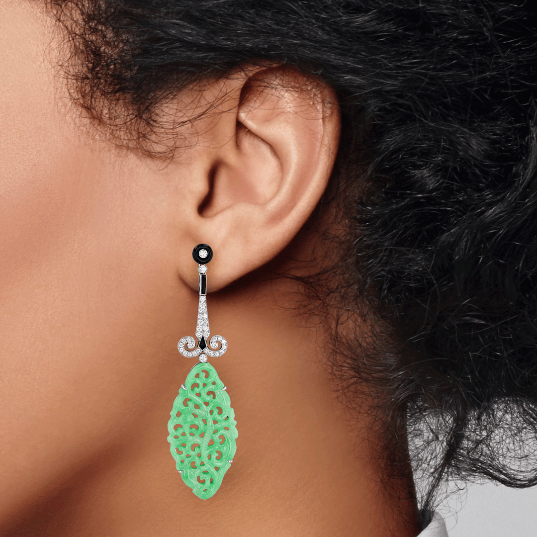 Hamilton Heritage Collection Platinum Carved Jade and Diamond Earrings