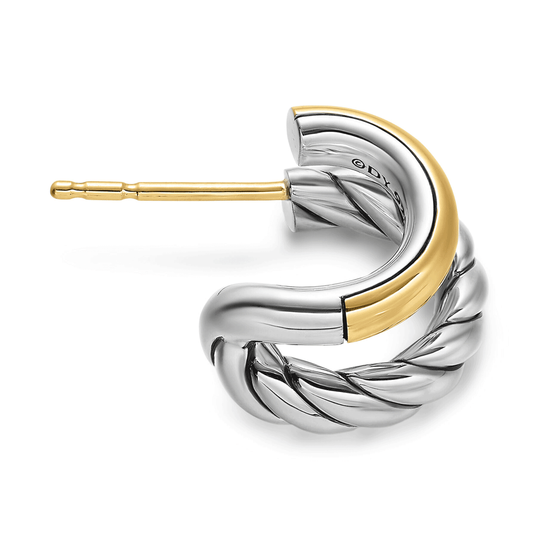 David Yurman Mercer Double Hoop Huggie Earrings Sterling Silver with 18k Yellow Gold, 13.5mm