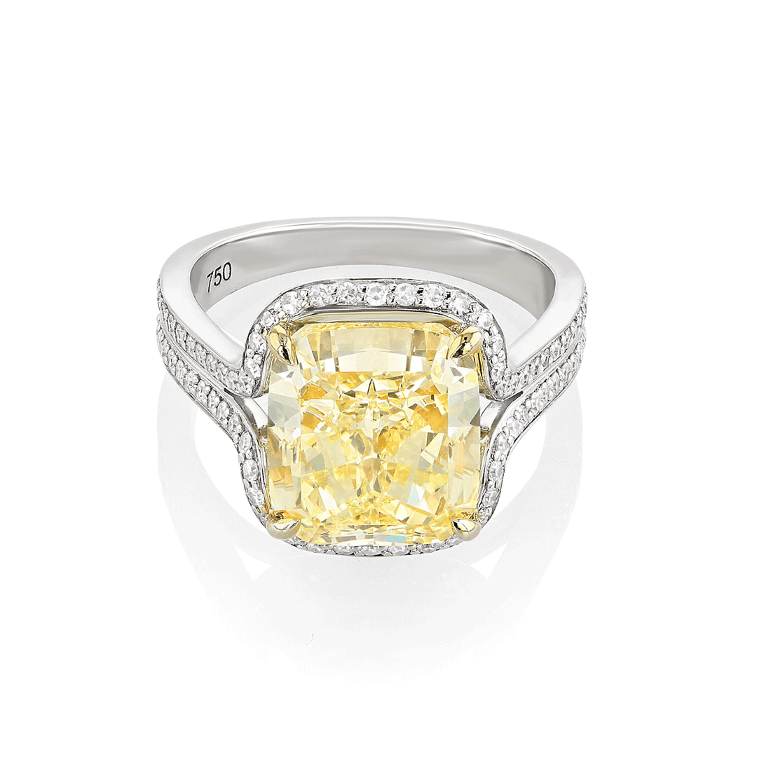 18k White Gold Yellow Gold and Cushion Cut Diamond 7.11 Total Weight Ring