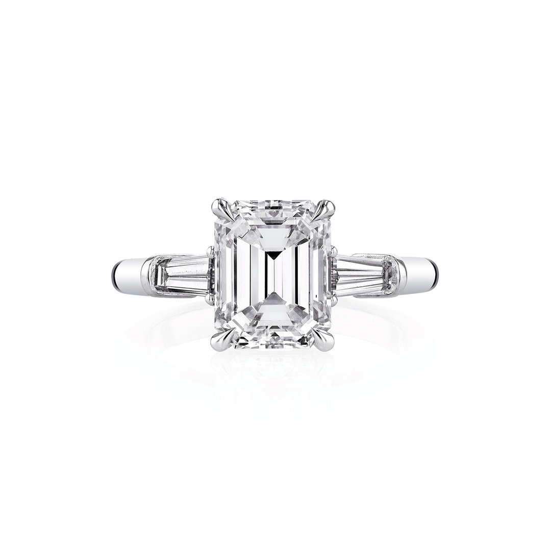 Platinum Three Stone Emerald Cut Diamond 3.03 Total Weight Ring