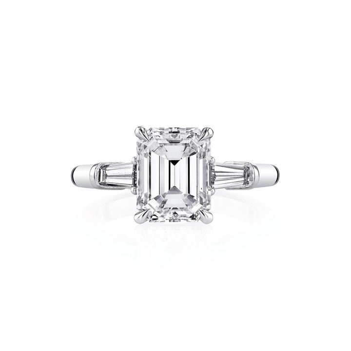 Platinum Three Stone Emerald Cut Diamond 3.03 Total Weight Ring