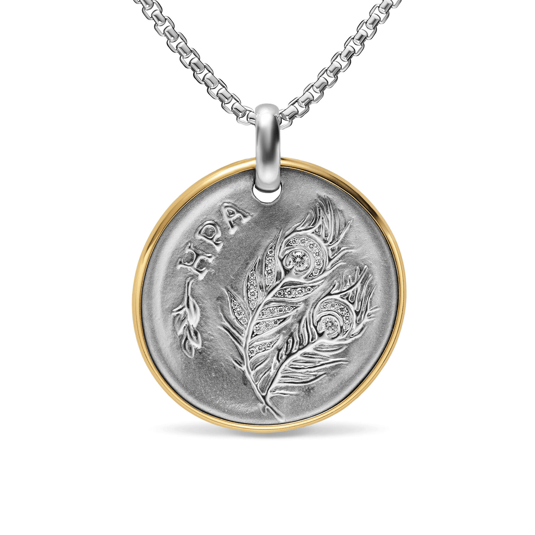David Yurman Athena Medallion Amulet Sterling Silver with 14K Yellow Gold and Diamonds, 29.5mm