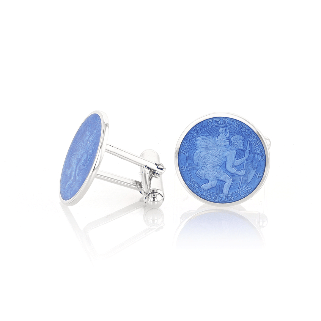 Sterling Silver and Royal Blue Enamel St. Christopher Cufflinks