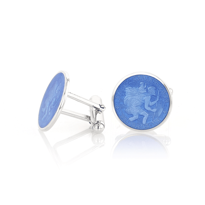 Sterling Silver and Royal Blue Enamel St. Christopher Cufflinks