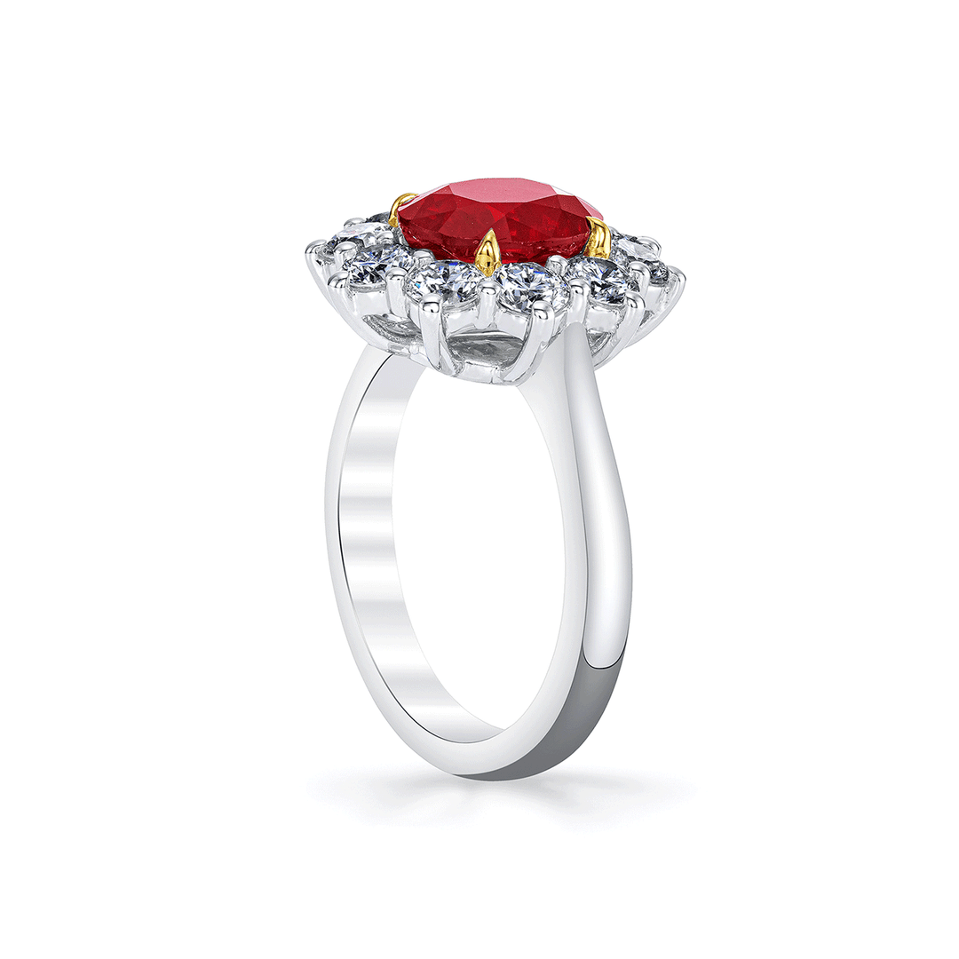 Platinum 18k Yellow Gold and 3.02 Total Weight Oval Ruby Diamond Halo Ring
