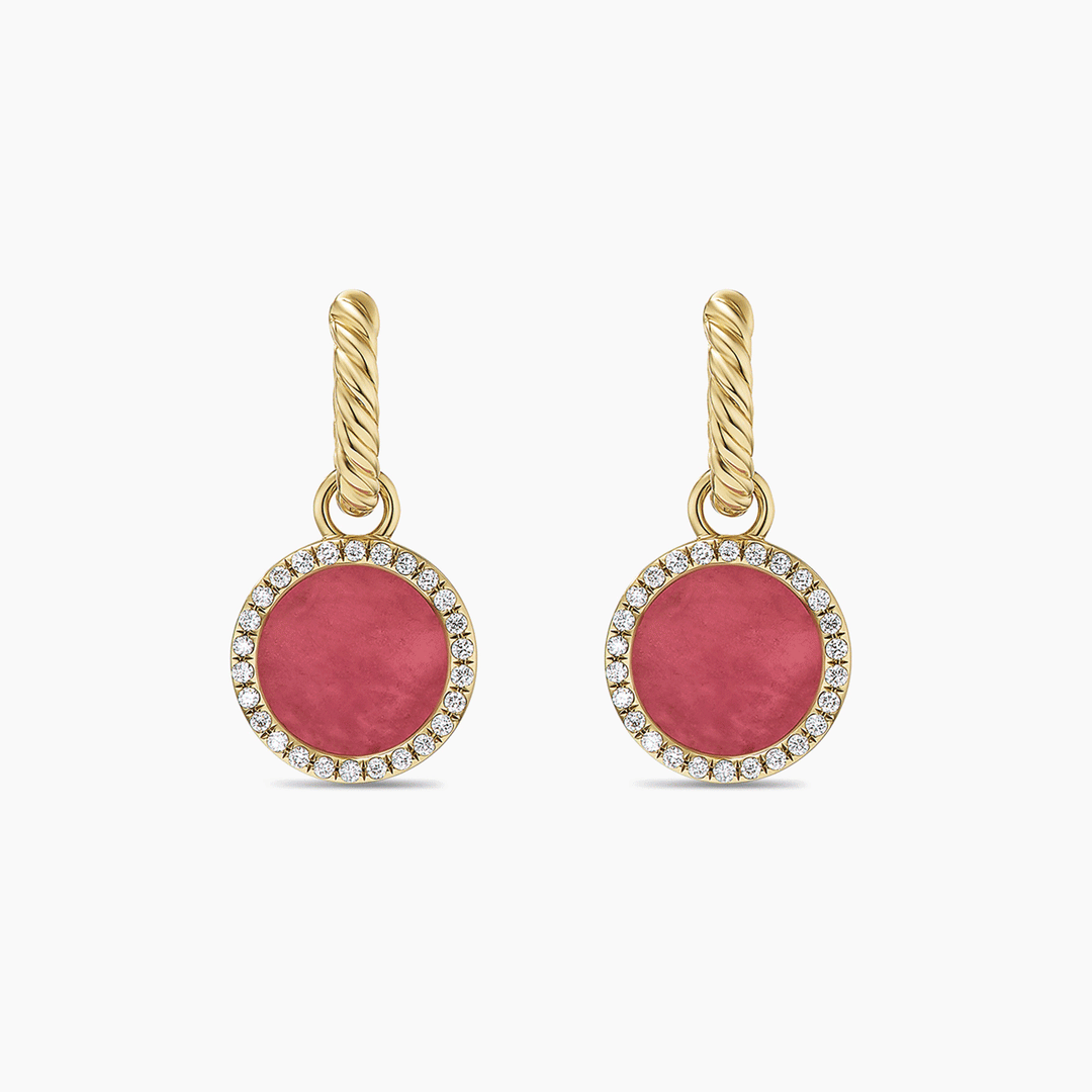 David Yurman Petite Elements Drop Earrings 18k Yellow Gold with Rhodonite and Diamonds, 22.6mm