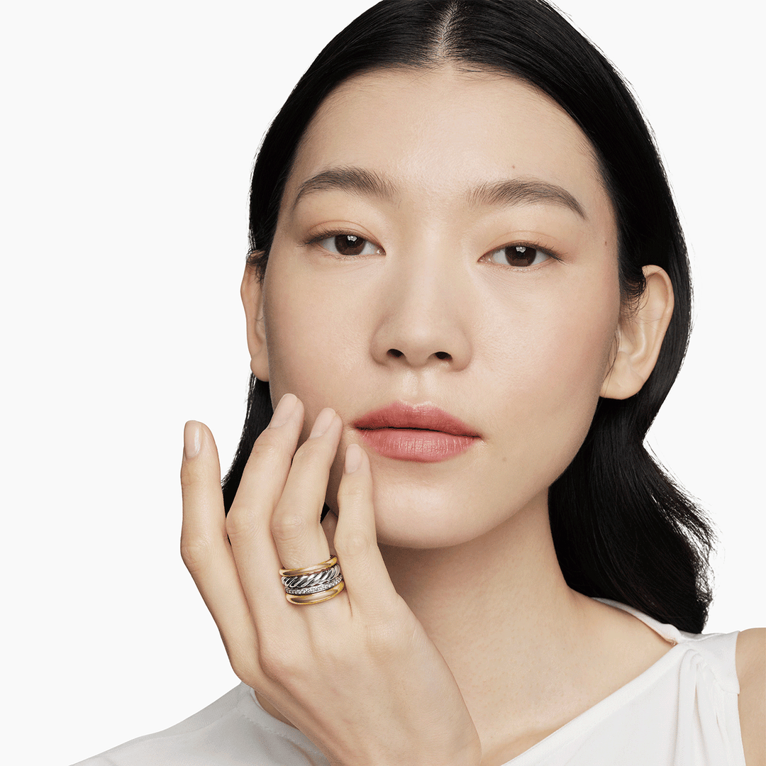 David Yurman Mercer Multi Row Ring in Sterling Silver with 18K Yellow Gold and Pavé Diamonds