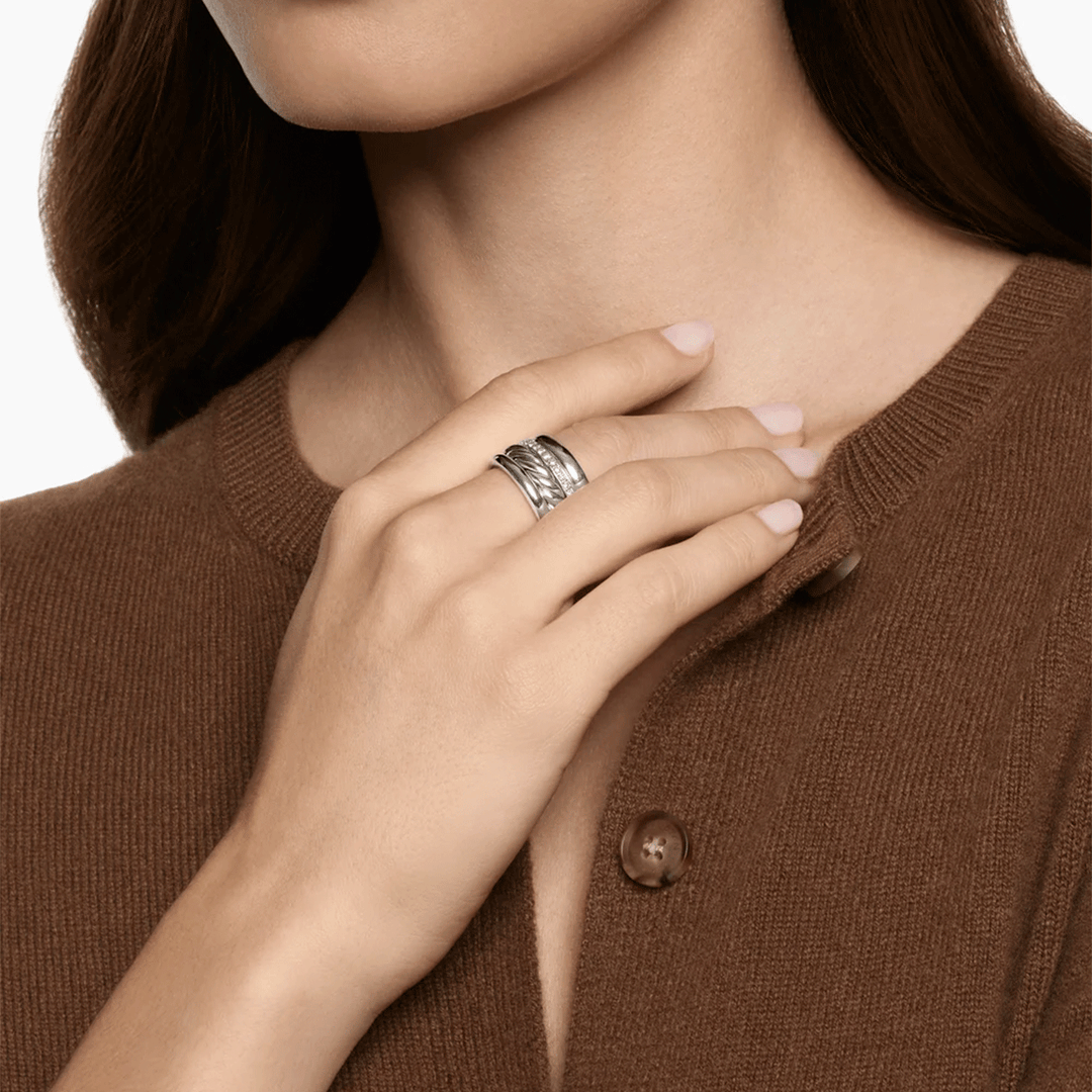 David Yurman Mercer Four Row Ring Sterling Silver with Diamonds, 13.8mm