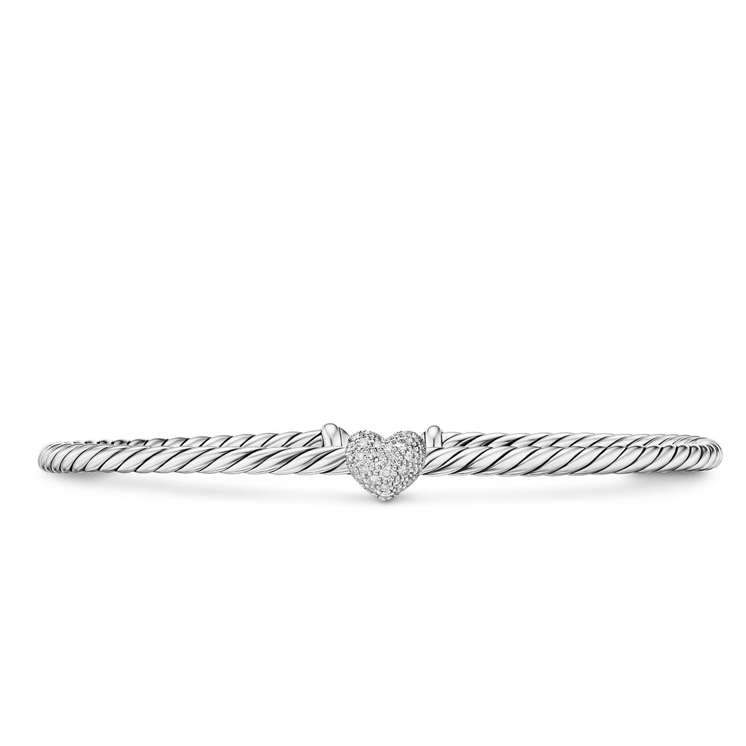 David Yurman Micro Cable Flex® Heart Station Bracelet Sterling Silver with Diamonds, 2.6mm Small