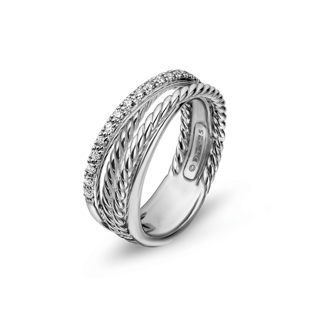 David Yurman Crossover Band Ring Sterling Silver with Diamonds, 6.8mm