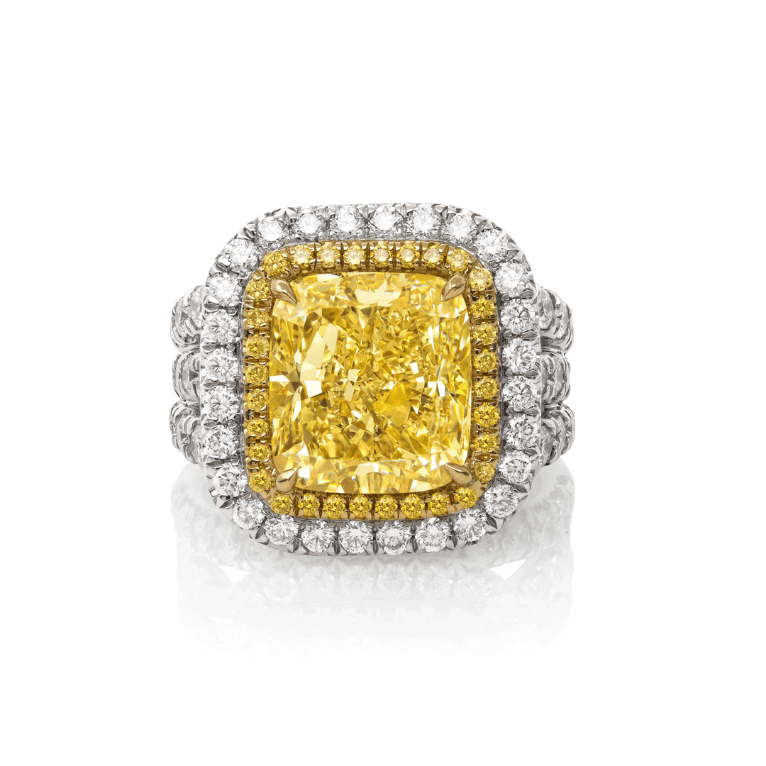 Private Reserve Platinum 18k Yellow Gold and Cushion Shape Fancy Yellow Diamond 6.30 Total Weight Ring