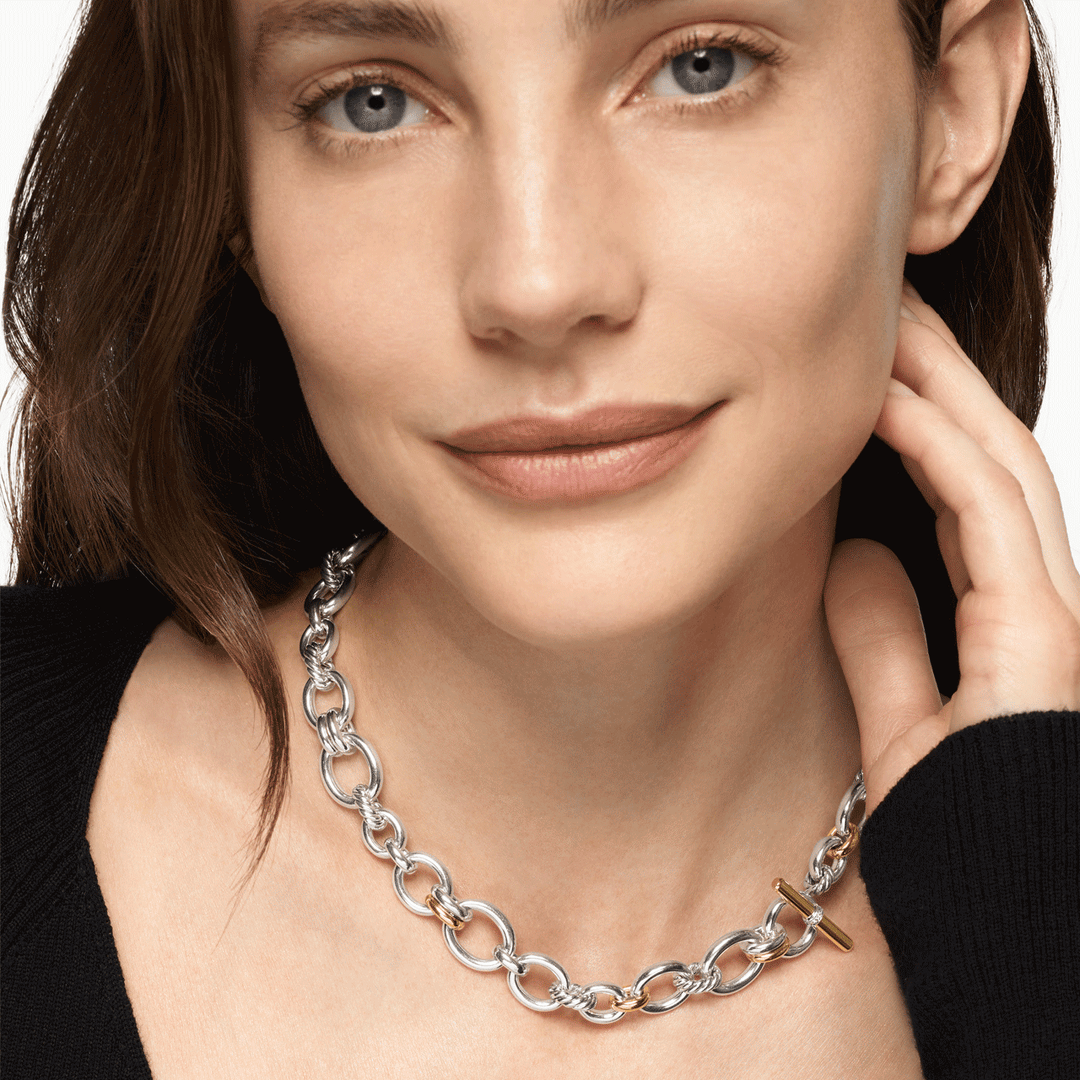 David Yurman Mercer Chain Necklace Sterling Silver with 18k Yellow Gold and Diamonds, 8mm