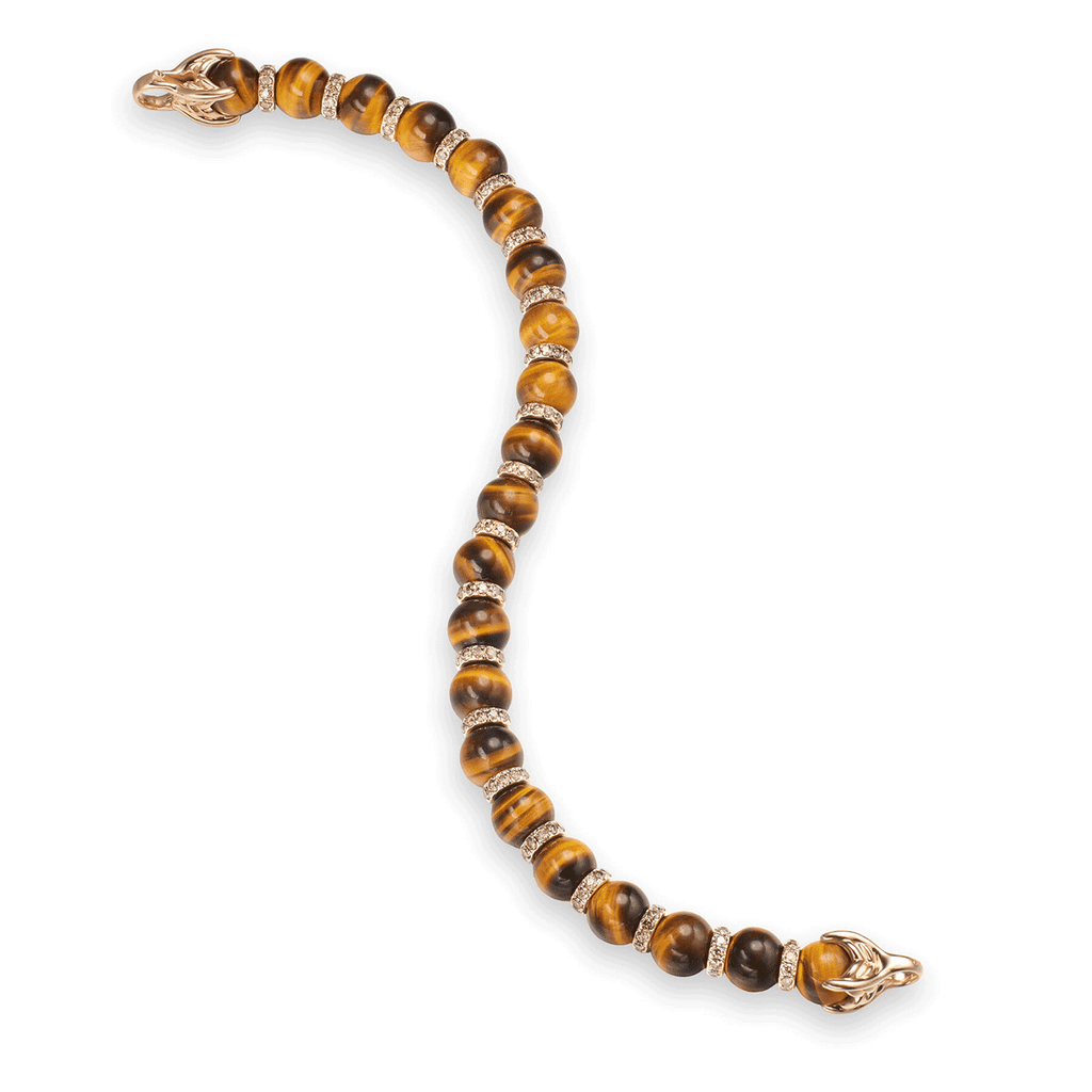David Yurman Spiritual Beads Bracelet 18K Rose Gold with Tiger's Eye and Cognac Diamonds, 8mm