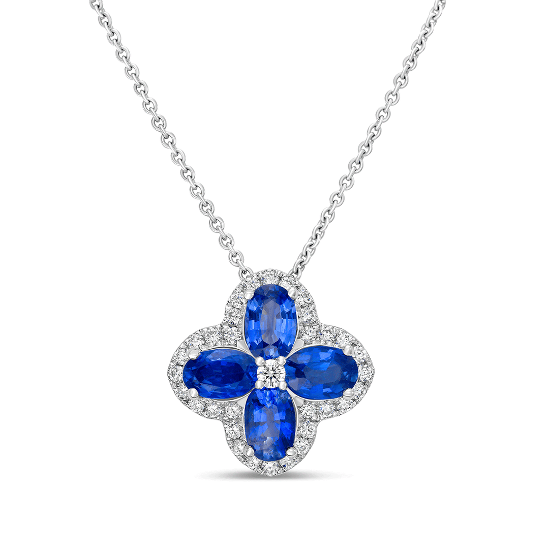 Charles Krypell 18k White Gold and 1.73 Total Weight Sapphire Diamond Clover Pendant