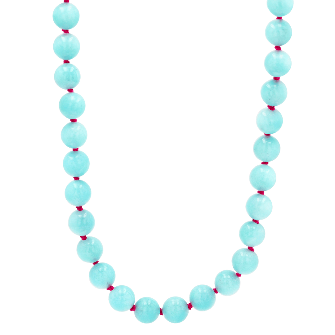 14k Yellow Gold and Amazonite Bead Pink Silk Necklace
