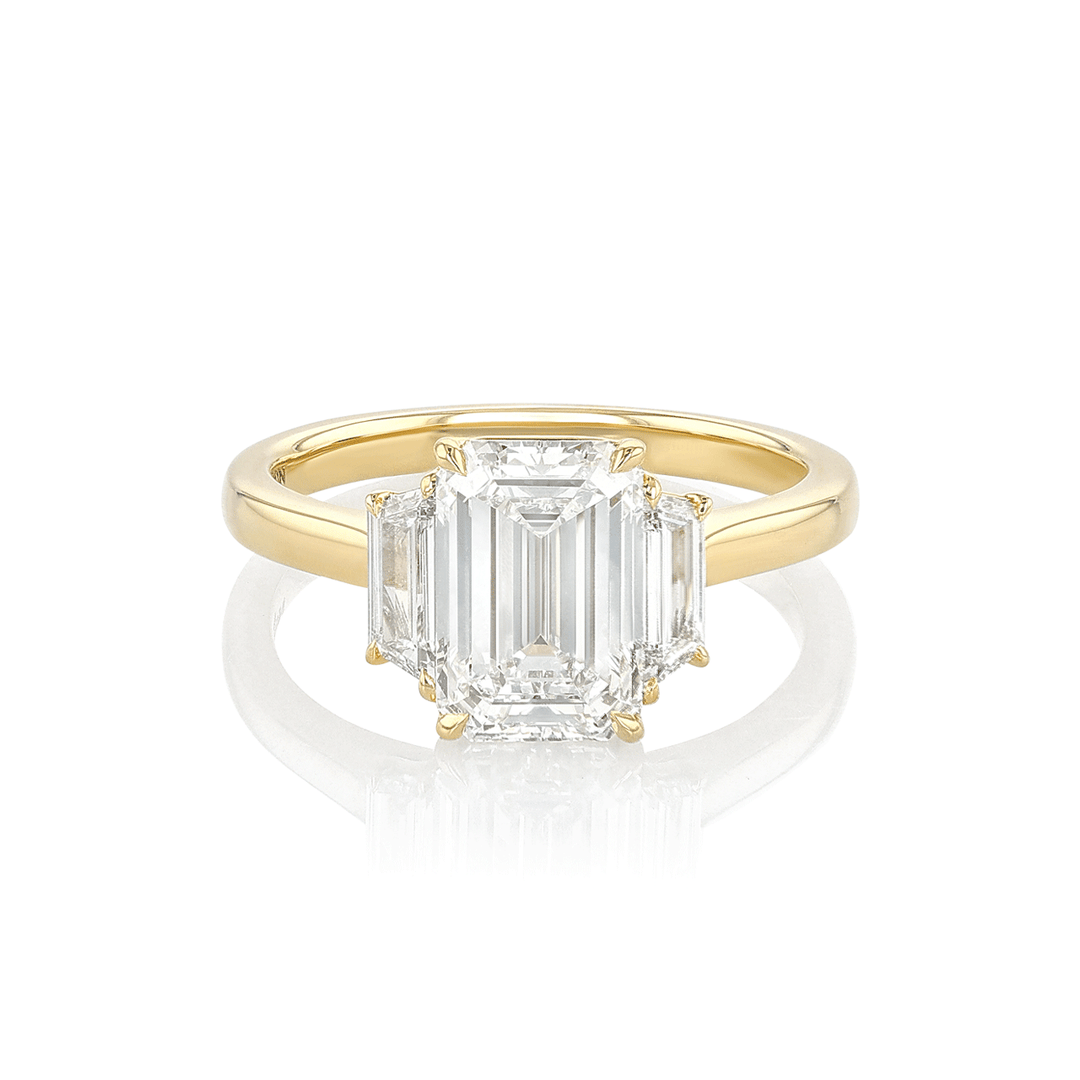 18k Yellow Gold and 2.20 Total Weight Emerald Cut Diamond Three Stone Ring