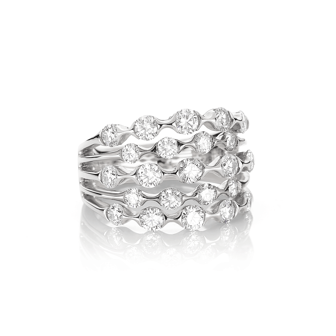 Wave 18k White Gold FIve Row Diamond 2.00 Total Weight Ring