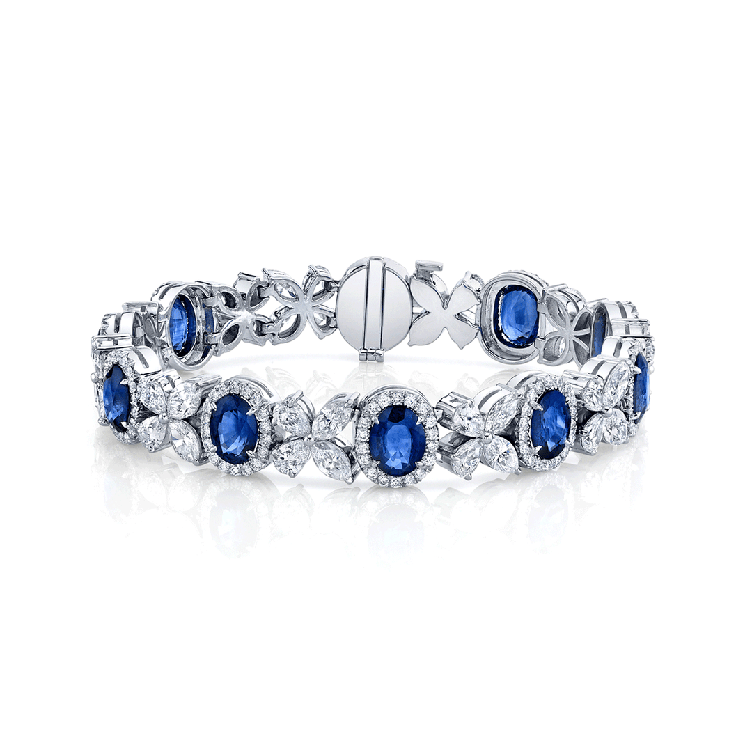 Platinum and 15.58 Total Weight Sapphire Diamond Floral Bracelet