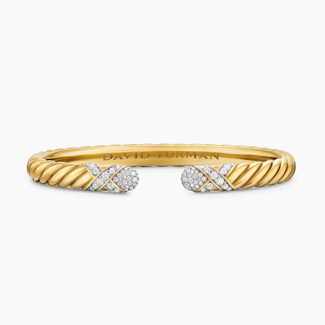 David Yurman Sculpted Cable X Cuff Bracelet 18k Yellow Gold with Diamonds, 6.2mm
