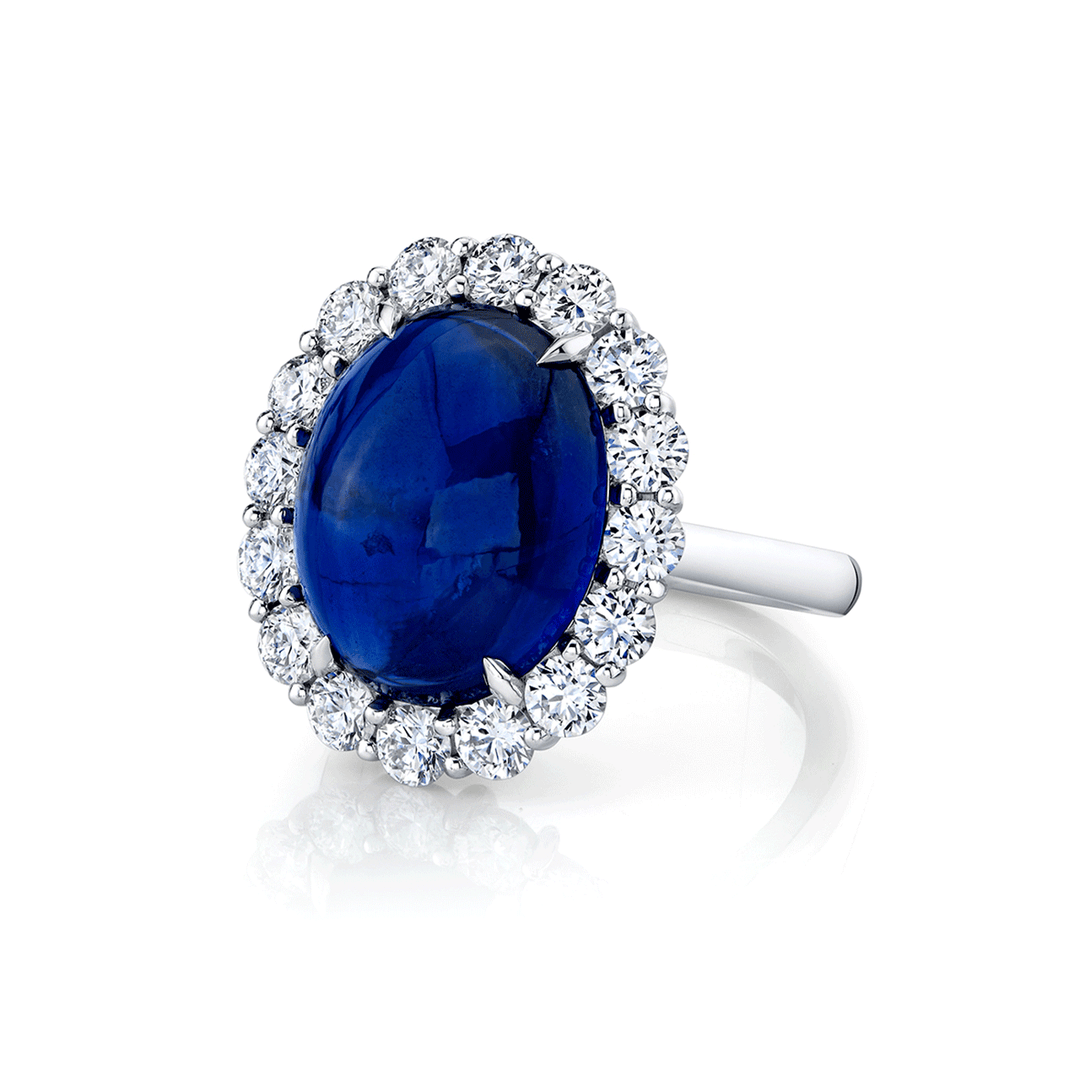 Platinum Oval Cabochon Sapphire 11.78 Total Weight and Diamond Ring