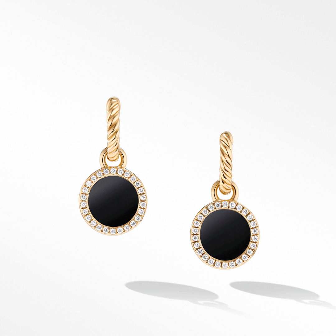 David Yurman Petite Elements Drop Earrings in 18k Yellow Gold with Black Onyx and Pavé Diamonds