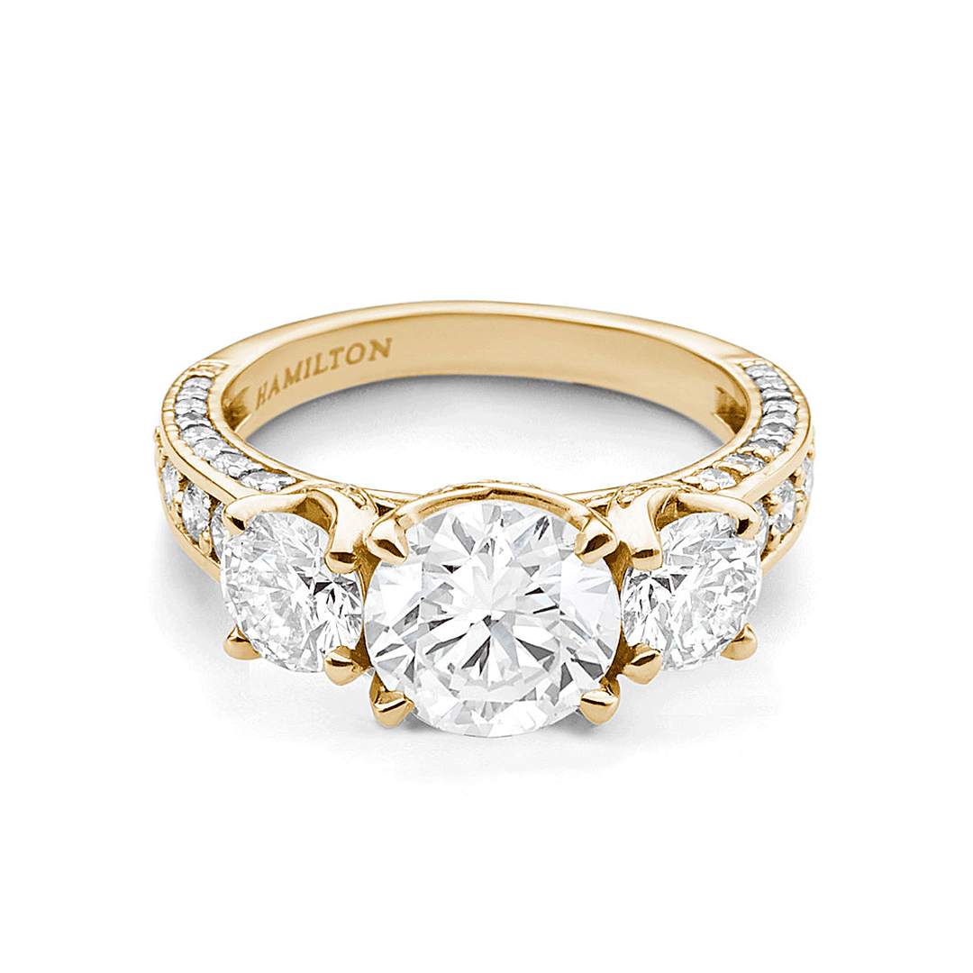 1912 Three Stone 18k Yellow Gold and 1.09 Total Weight Diamond Engagement Mounting Ring