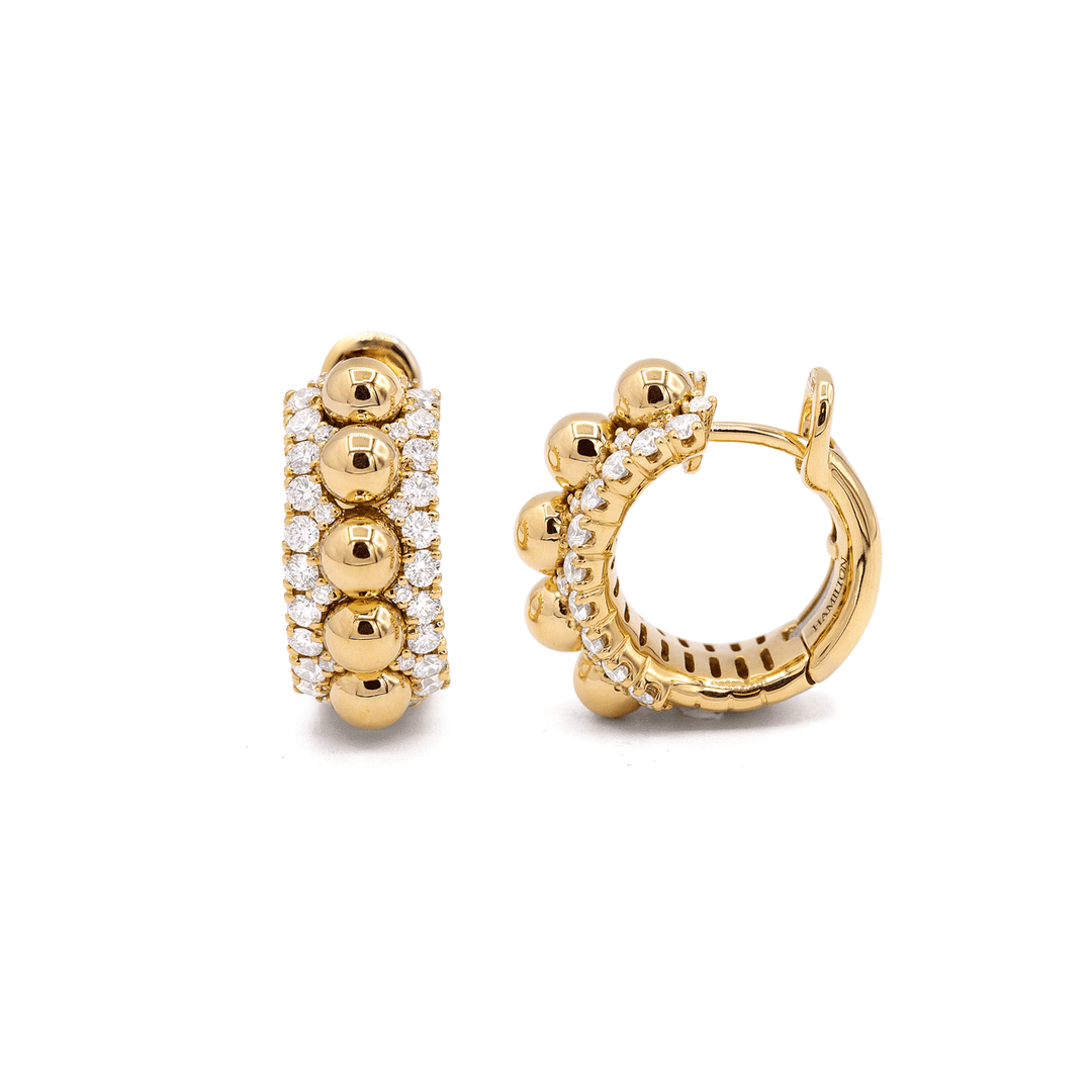 18k Yellow Gold Diamond and Bead Huggie Hoops