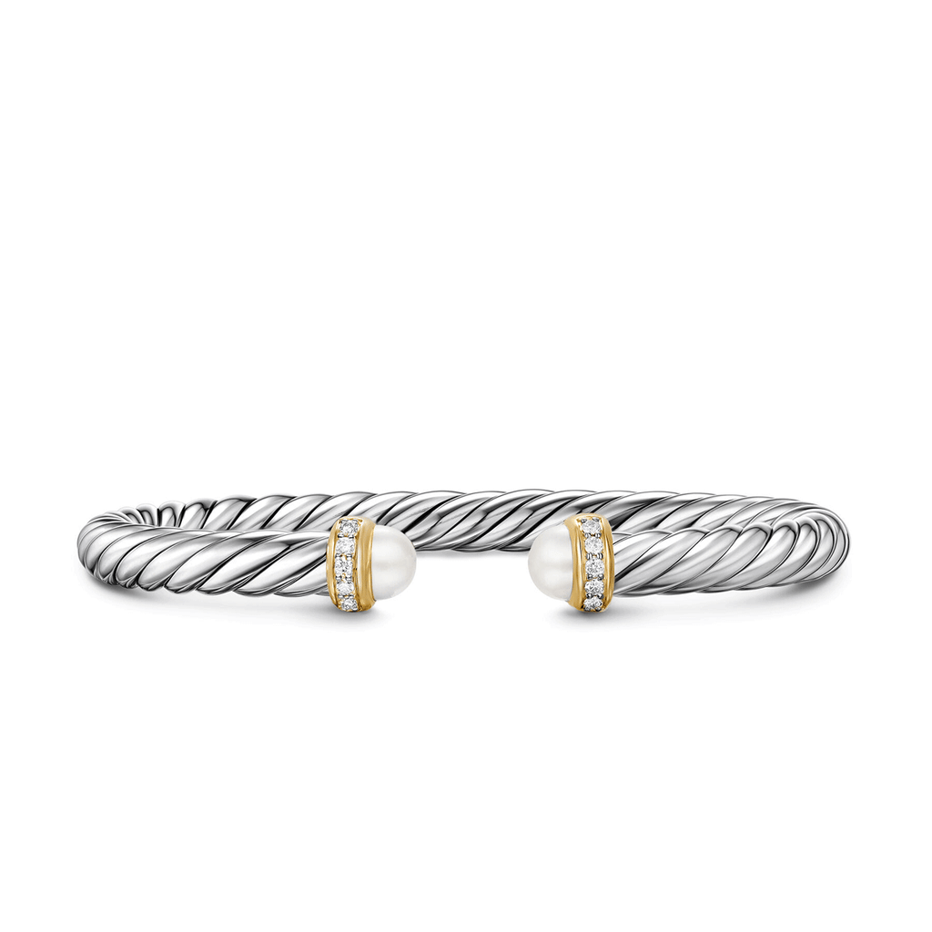 David Yurman Sterling Silver with 14K Yellow Gold, Pearls and Diamonds, 6mm Cable Flex® Bracelet