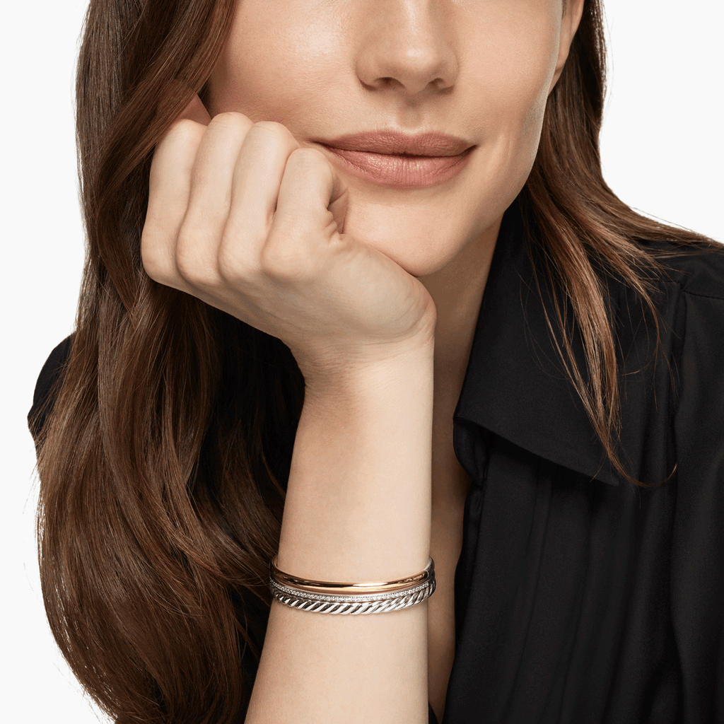 David Yurman Mercer Three Row Cuff Bracelet Sterling Silver with 18k Yellow Gold and Diamonds, 10.4mm