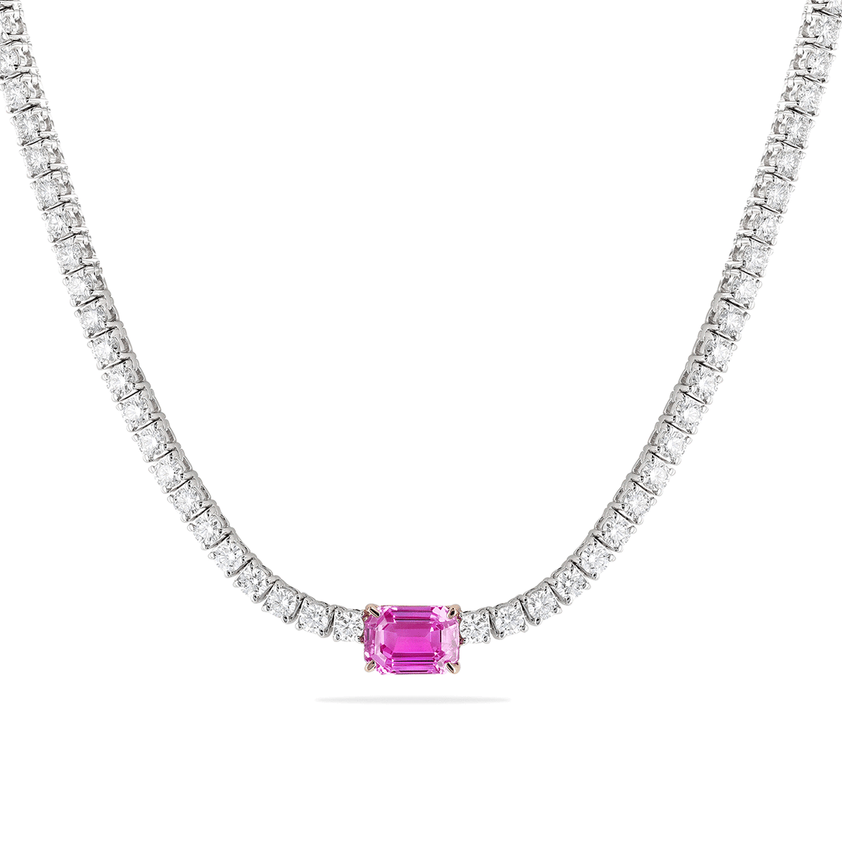 18k Gold Pink Sapphire and 5.65 Total Weight Diamond Line Necklace
