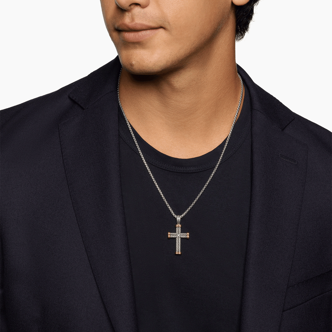 David Yurman Chevron Cross Pendant Sterling Silver with 18k Yellow Gold, 33mm