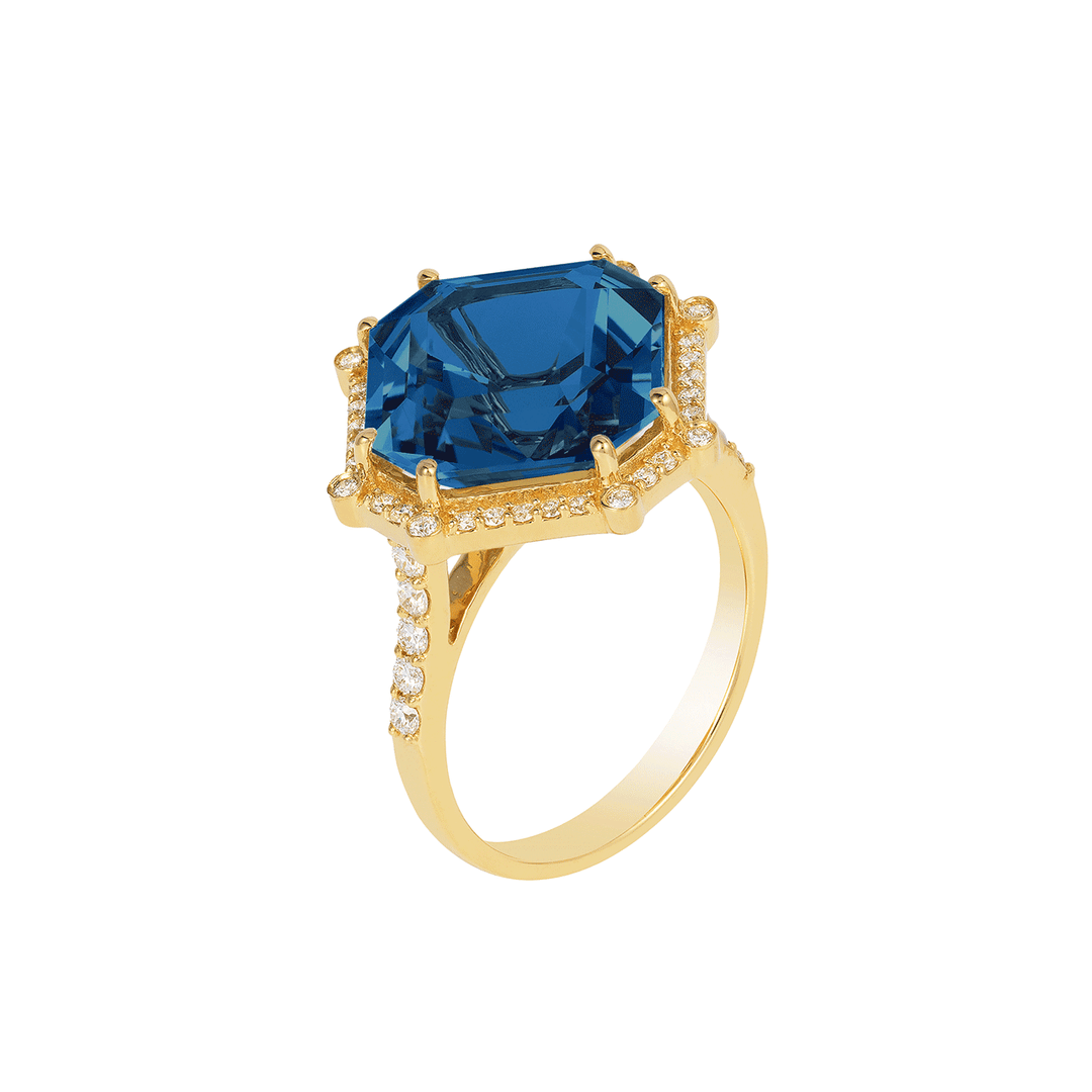 Goshwara Gossip 18k Yellow Gold London Blue Topaz and Diamond Ring