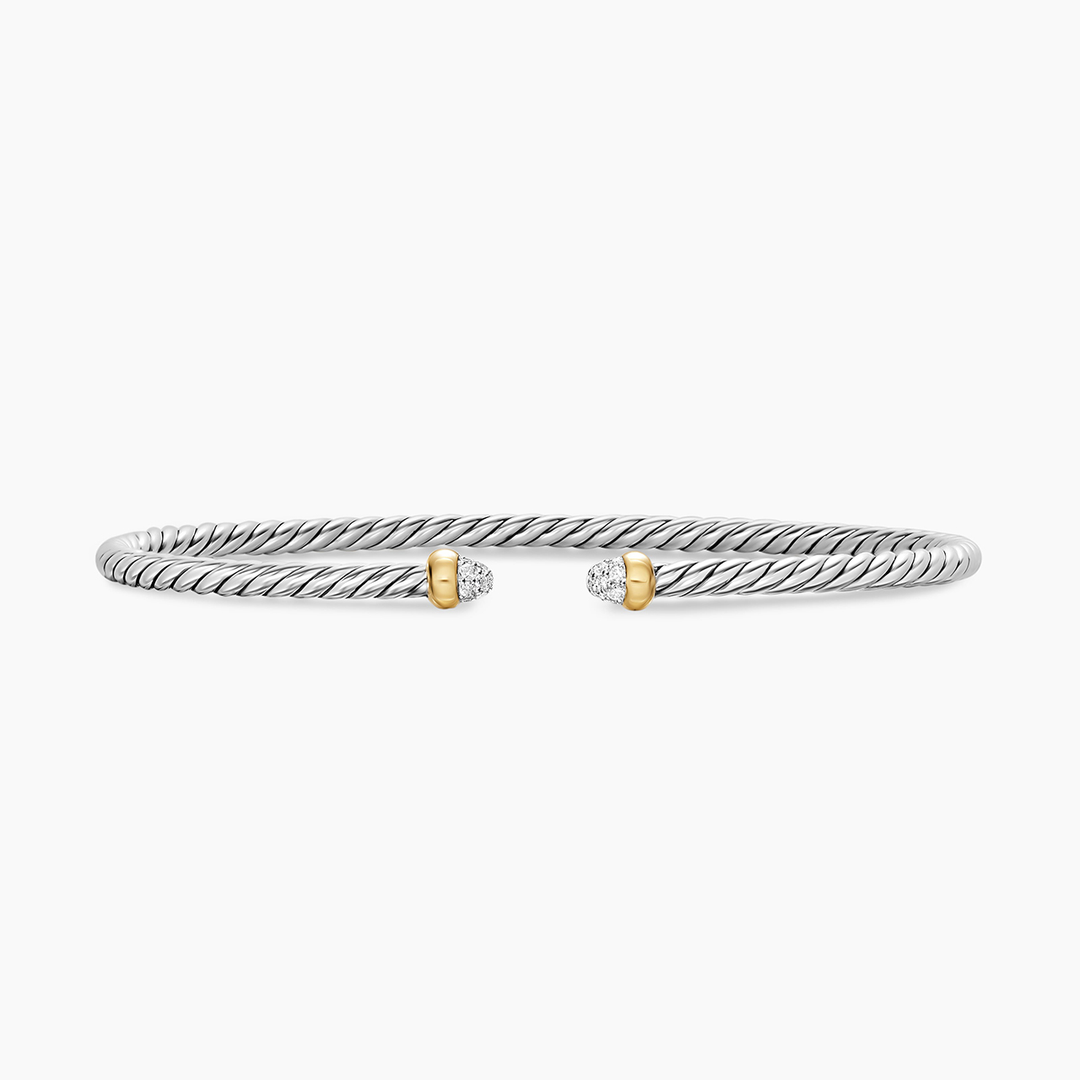David Yurman Micro Cable Flex Bracelet Sterling Silver with 14k Yellow Gold and Pavé Diamond Domes, 2.6mm