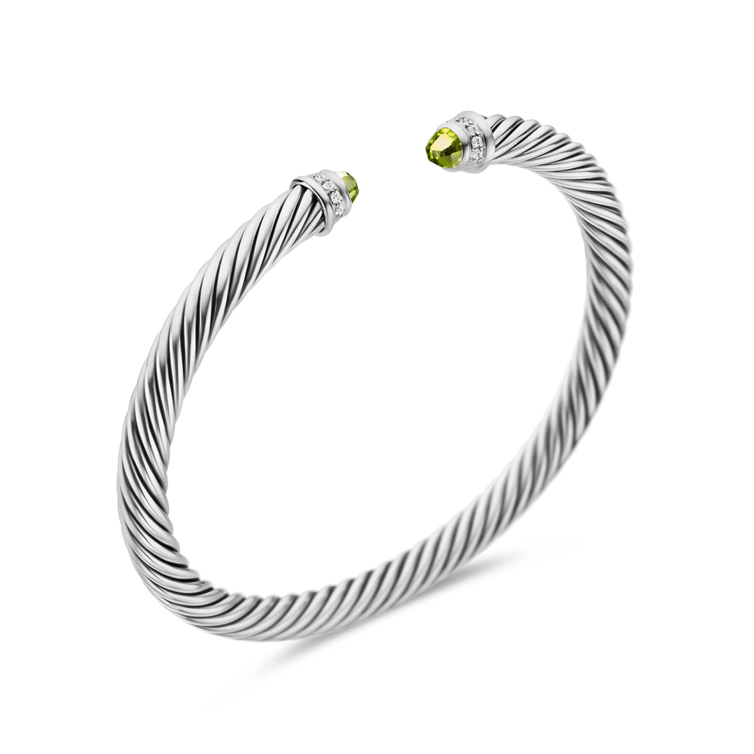 David Yurman Classic Cable Bracelet Sterling Silver with Peridot and Diamonds, 5mm