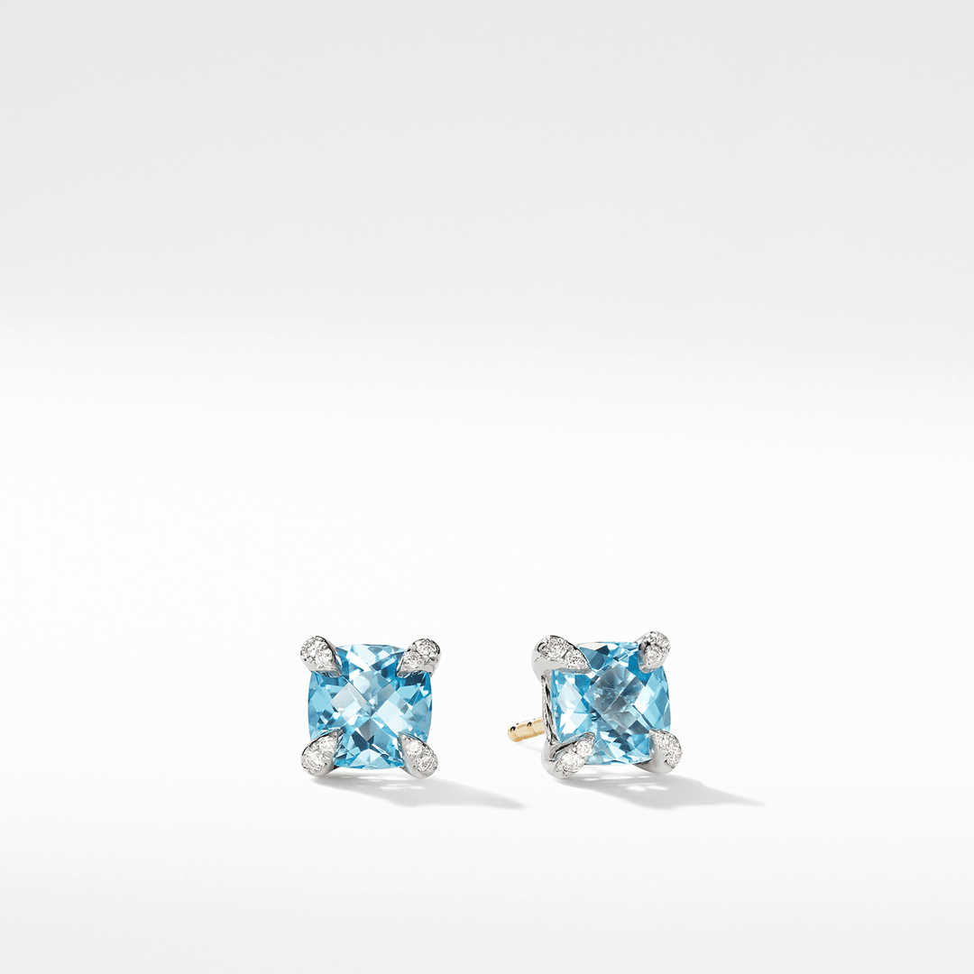 David Yurman Petite Chatelaine Stud Earrings Sterling Silver with Blue Topaz and Diamonds, 6mm