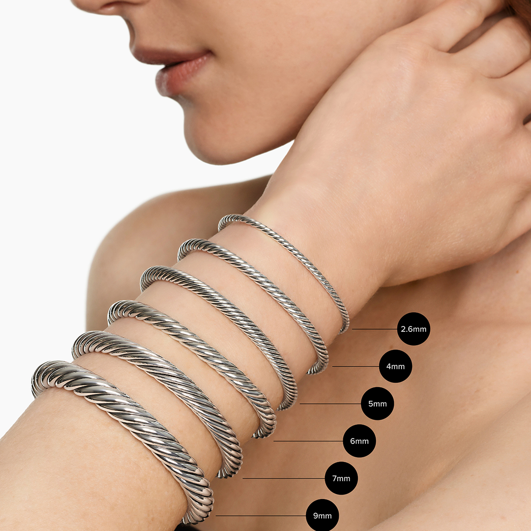 David Yurman Micro Cable Flex Bracelet Sterling Silver with 14k Yellow Gold and Emeralds, 2.6mm