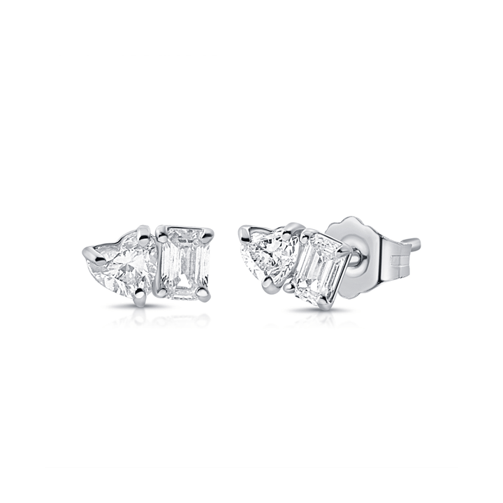 14k Gold Heart .62 Total Weight Emerald Cut Diamond Studs