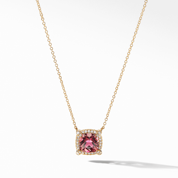 Petite Chatelaine® Pavé Bezel Pendant Necklace in 18K Yellow Gold with Pink Tourmaline