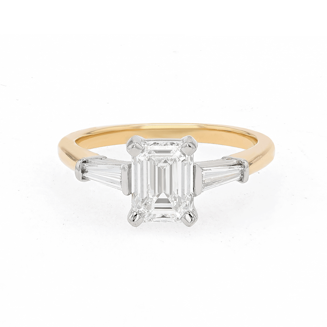 Hamilton Silhouette Platinum 18k Yellow Gold and 1.60 Total Weight Emerald Cut Diamond Engagement Ring