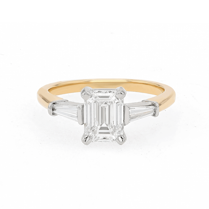 Hamilton Silhouette Platinum 18k Yellow Gold and 1.60 Total Weight Emerald Cut Diamond Engagement Ring
