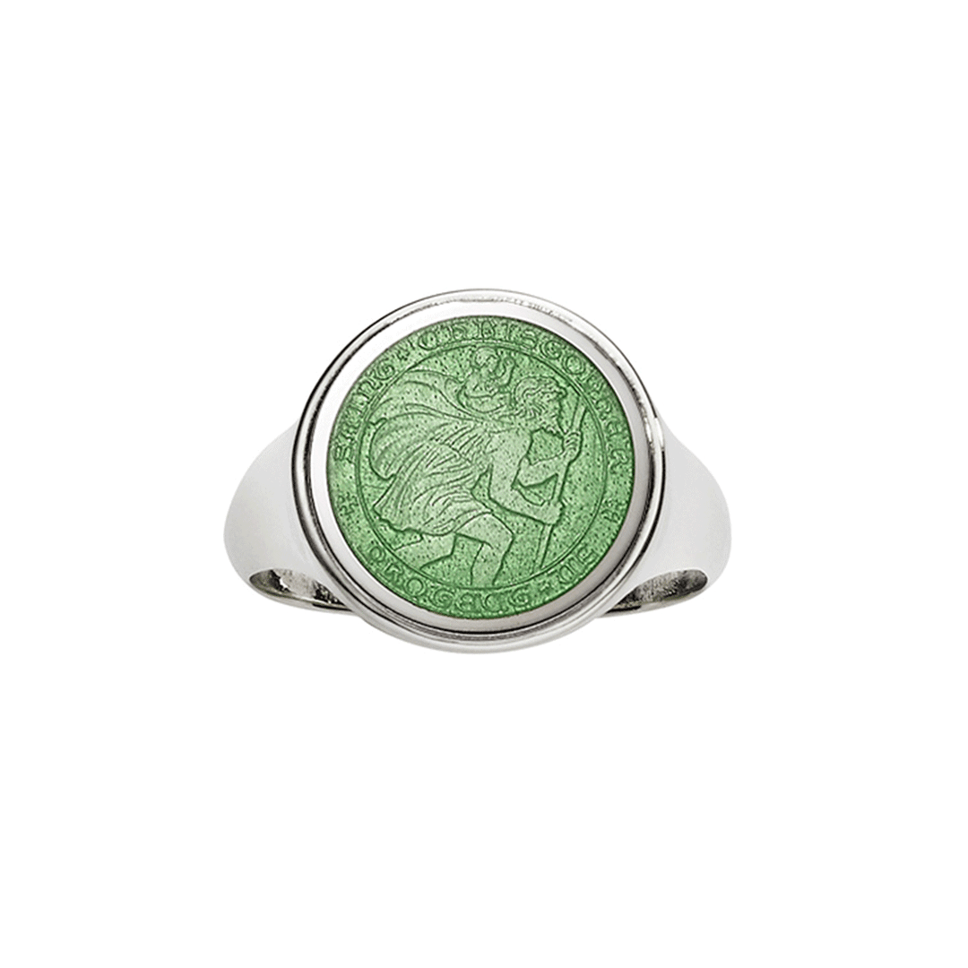 St. Christopher Sterling Silver and Green Enamel Ring