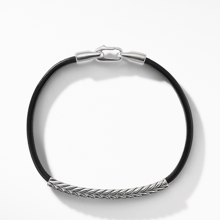 David Yurman Chevron ID Bracelet Black Leather with Black Diamonds and Sterling Silver, 6.6mm